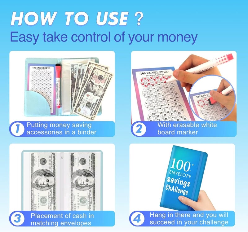gusutide 100 Envelope Savings Challenge Binder, Money Saving Binder with Cash Envelopes, from 30 Days to 52 Weeks, to Save $500,$5,050 and $10,000, back to school supplies,gift for children (sparkling blue-A6) - Image 4